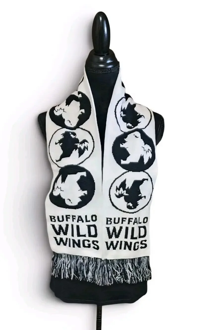 White & Black 100% Acrylic Scarf BUFFALO WILD WINGS - Unisex - With Fringe Hem